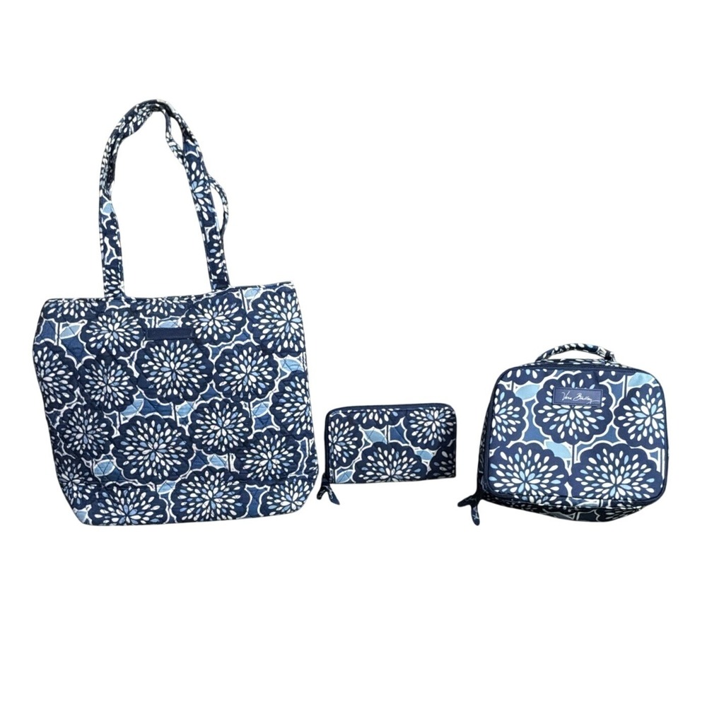 Vera Bradley Blue Petal Splash Travel Set Tote Lunch Bag Zip Around Card Wallet